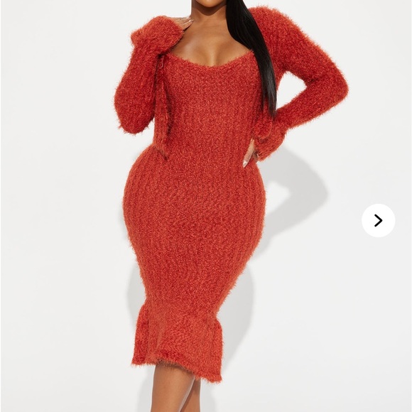 Orange Ribbed Ruffled Bodycon Midi Dress - Picture 3 of 3